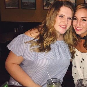 Blue and white off the shoulder blouse